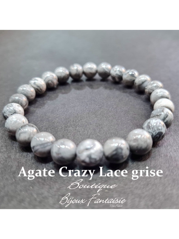 Bracelet Agate Crazy Lace Grise A Boule 8mm