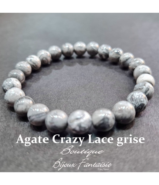 Bracelet Agate Crazy Lace Grise A Boule 8mm