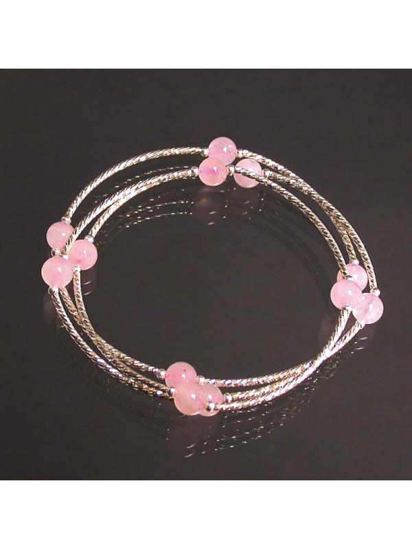 Bracelet 3 rangs Quartz Rose 6mm Argent 0.925