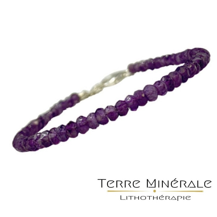 Bracelet Améthyste facetté 3.5 mm 17 cm fermoir + chaînette  argent 0.925
