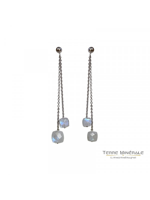 Boucles d'oreilles Pierre de Lune pendantes Chaine Argent 0.925 Rhodié