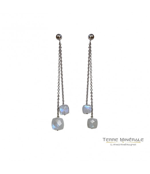 Boucles d'oreilles Pierre de Lune pendantes Chaine Argent 0.925 Rhodié
