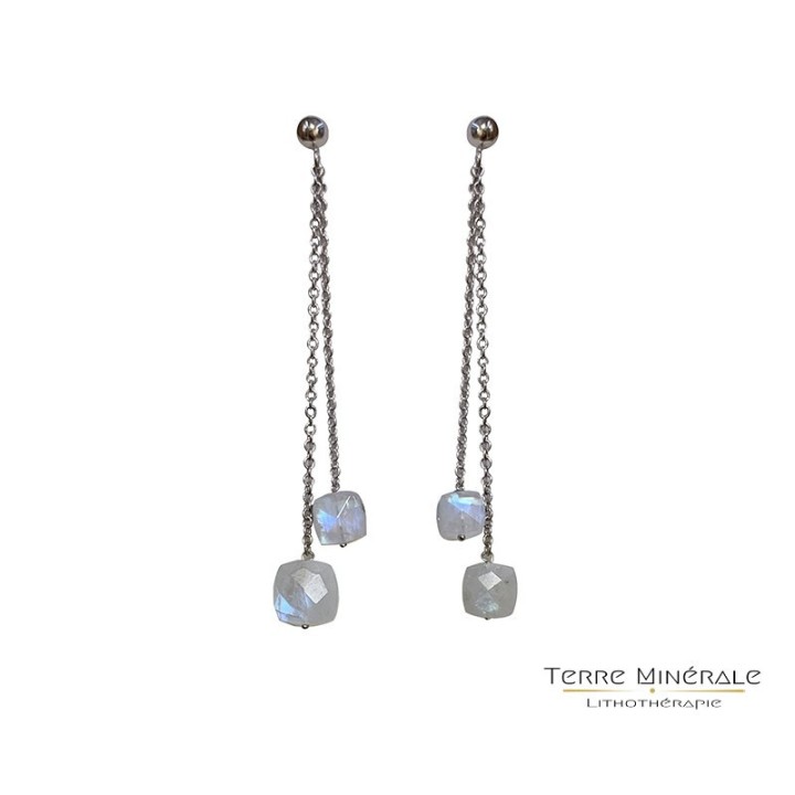 Boucles d'oreilles Pierre de Lune pendantes Chaine Argent 0.925 Rhodié