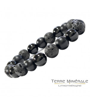 Bracelet Homme Onyx Noir, Onyx dépoli et lave 10 mm