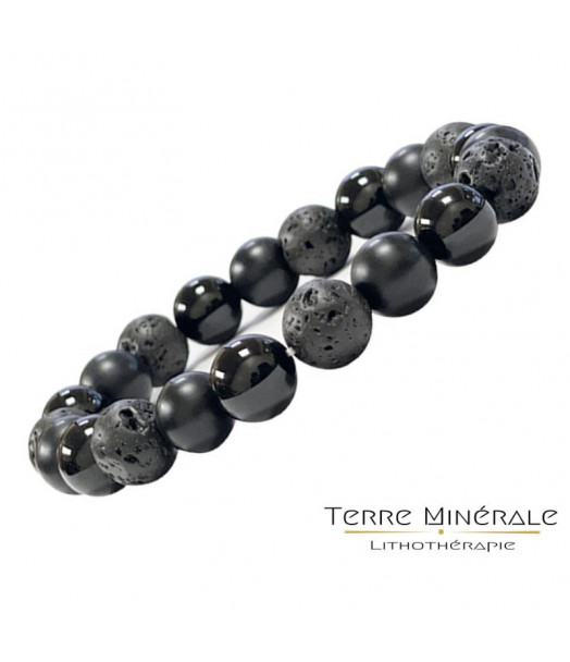Bracelet Homme Onyx Noir, Onyx dépoli et lave 10 mm Bracelet Homme Onyx Noir, Onyx dépoli et lave 10 mm