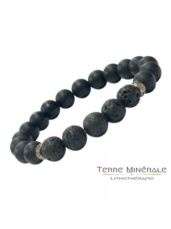 Bracelet Homme Onyx Noir dépoli et lave 10 mm